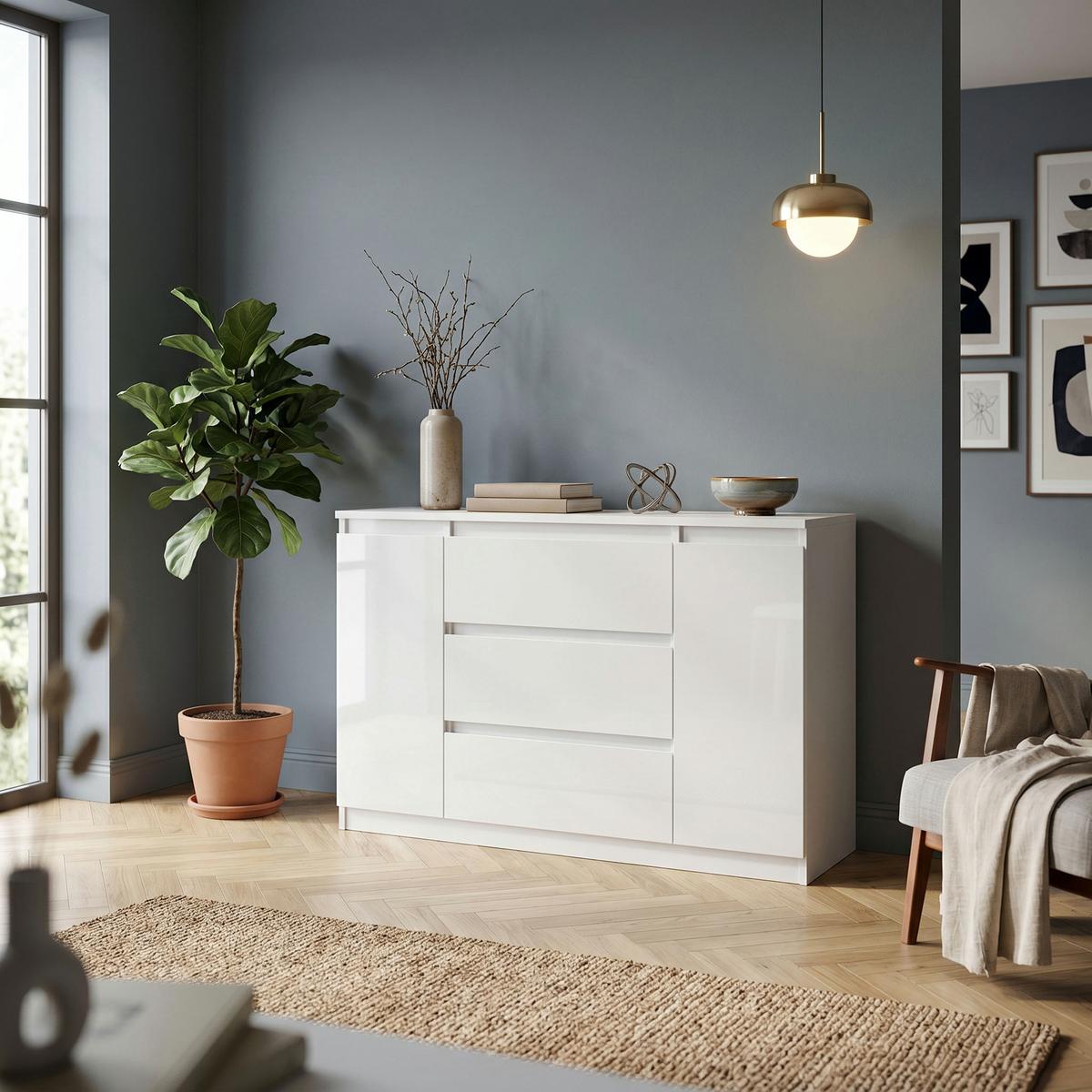 KOMMODE NUDO 120/78,5/39cm mit 3 Schubladen 2 Türen Weiß - Weiß Hochglanz/Weiß, Holzwerkstoff (120/78.5/39cm) - MASSENO