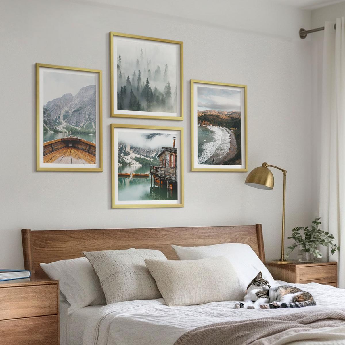 BILDER SET 4er Set - 50x50 cm & 40x60 cm Goldrahmen - Berge, See, Boot, Nebel, Strand - Goldfarben, Kunststoff (50/50cm) - TULUP