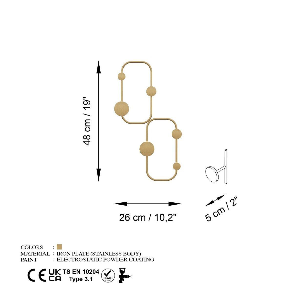 WANDGARDEROBE mit 5 Haken aus schwarzem Metall 26/5/48 cm - Goldfarben, Metall (5/48/26cm) - Calicosy