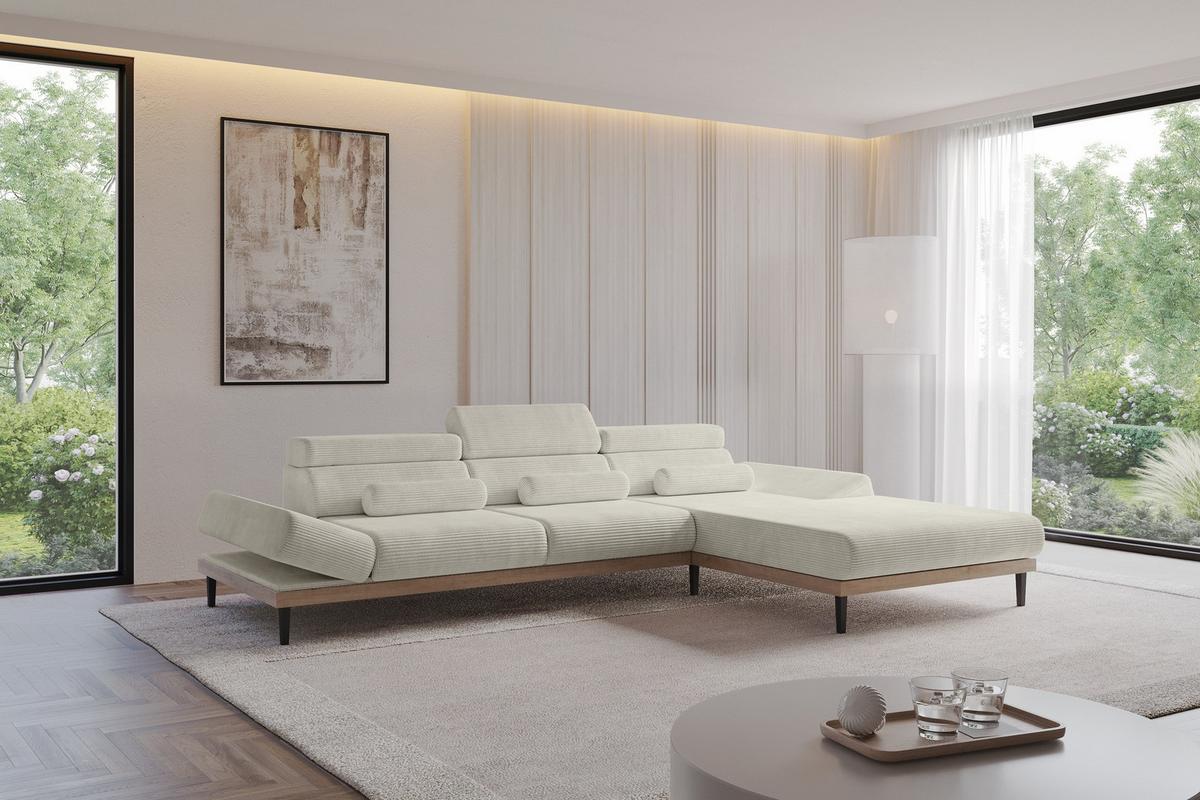 ELEKTRISCHES ECKSOFA Rechts MONA 316x205x85 Creme Cord - Ecru/Creme, Holzwerkstoff/Textil (316/205cm) - ALTDECOR