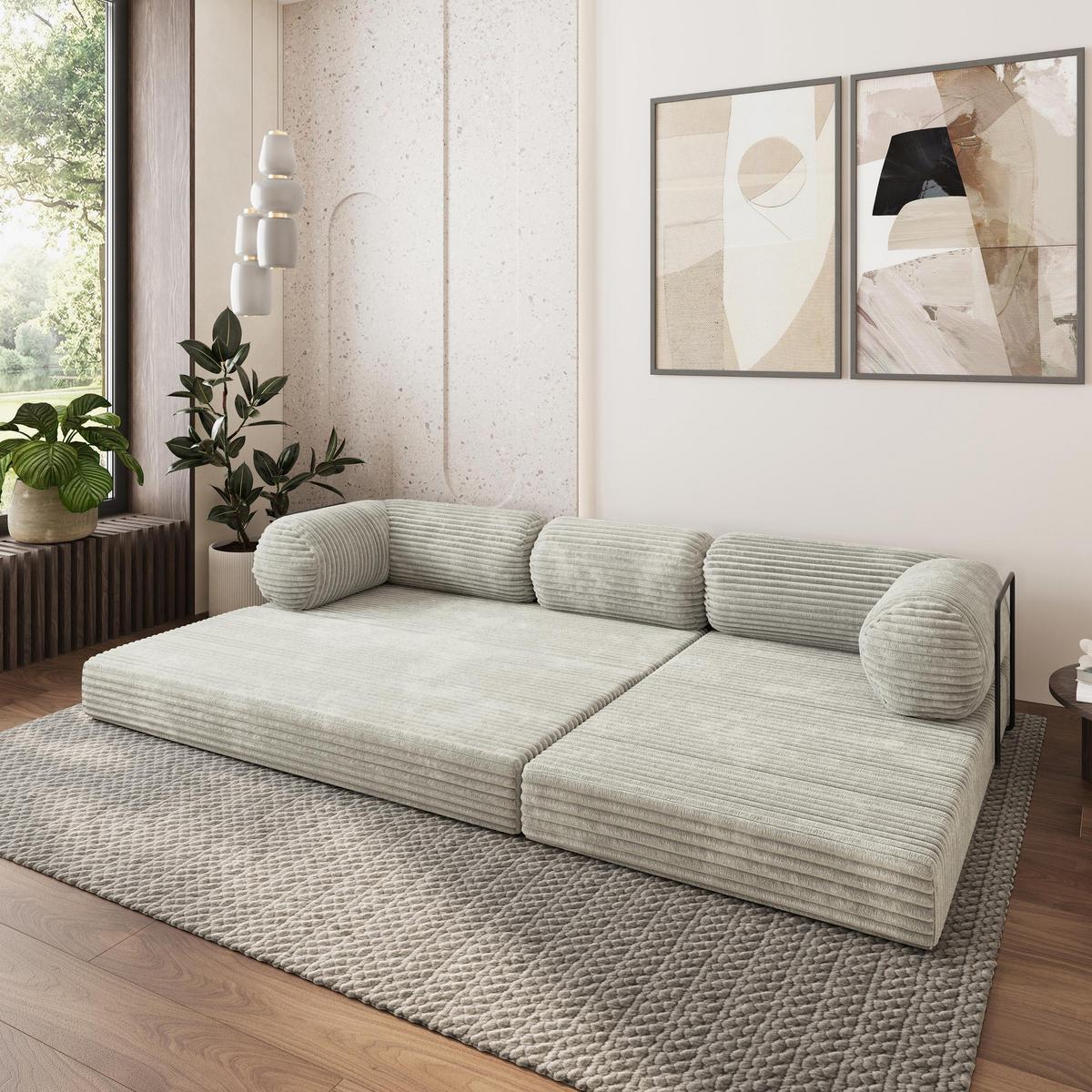 ECKSOFA ETERA modulares Boneless Sofa mit Schlaffunktion Hellgrau Kordstoff - Hellgrau, Textil (270/160cm) - MASSENO