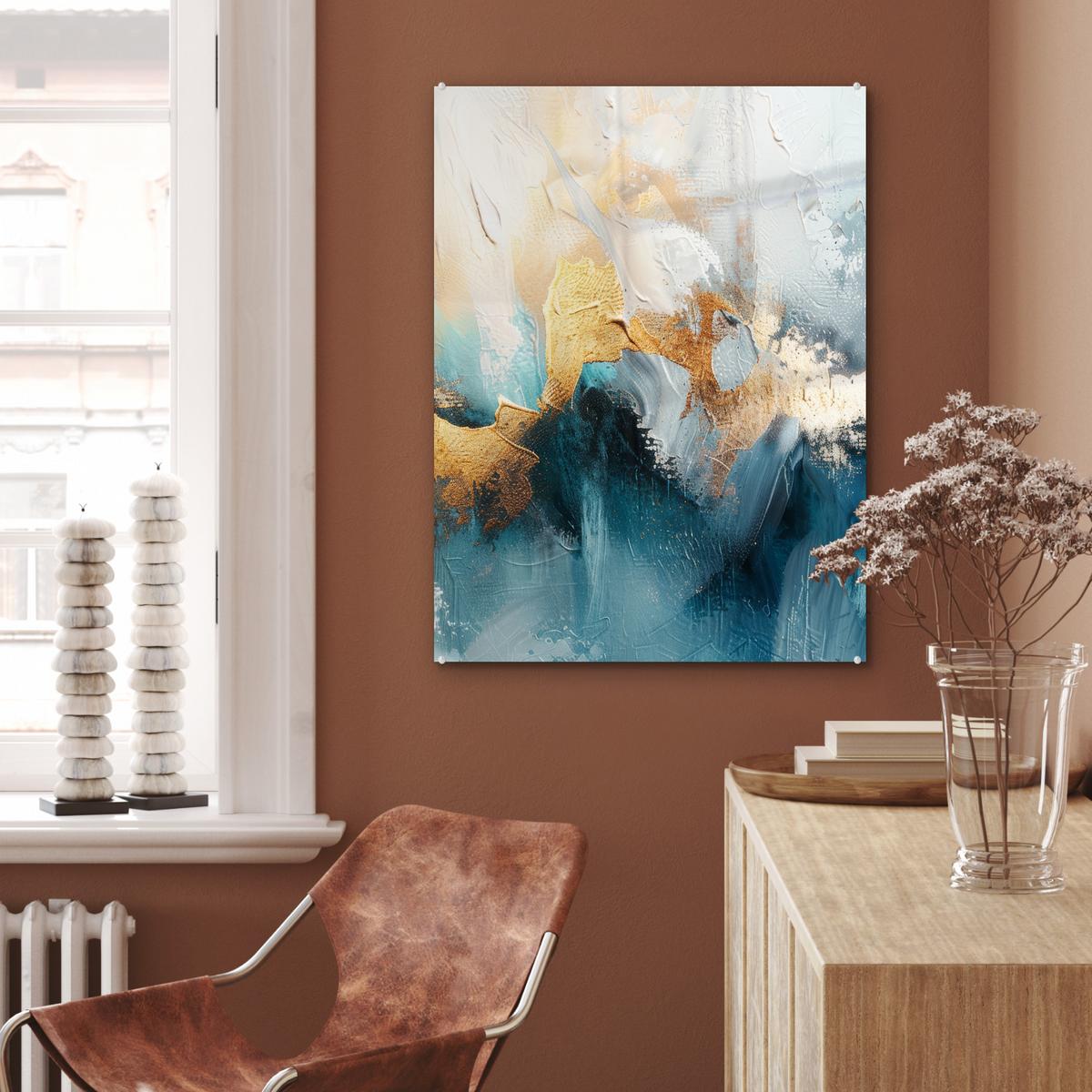 ACRYLGLASBILD Abstrakt - Kunst - Gold - Blau 60x80 cm - Petrol, Glas (60/80cm) - MuchoWow