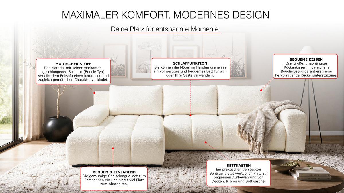 ECKSOFA Ovia mit Bettkasten und Schlaffunktion, Bouclé-Stoff in L-Form - Beige, Textil (270/185cm)