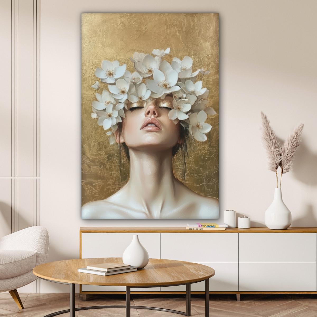 LEINWANDBILD Gesicht - Blumen - Gold - Abstrakt Deko Groß 90x140 cm - Goldfarben, Textil (90/140cm) - MuchoWow