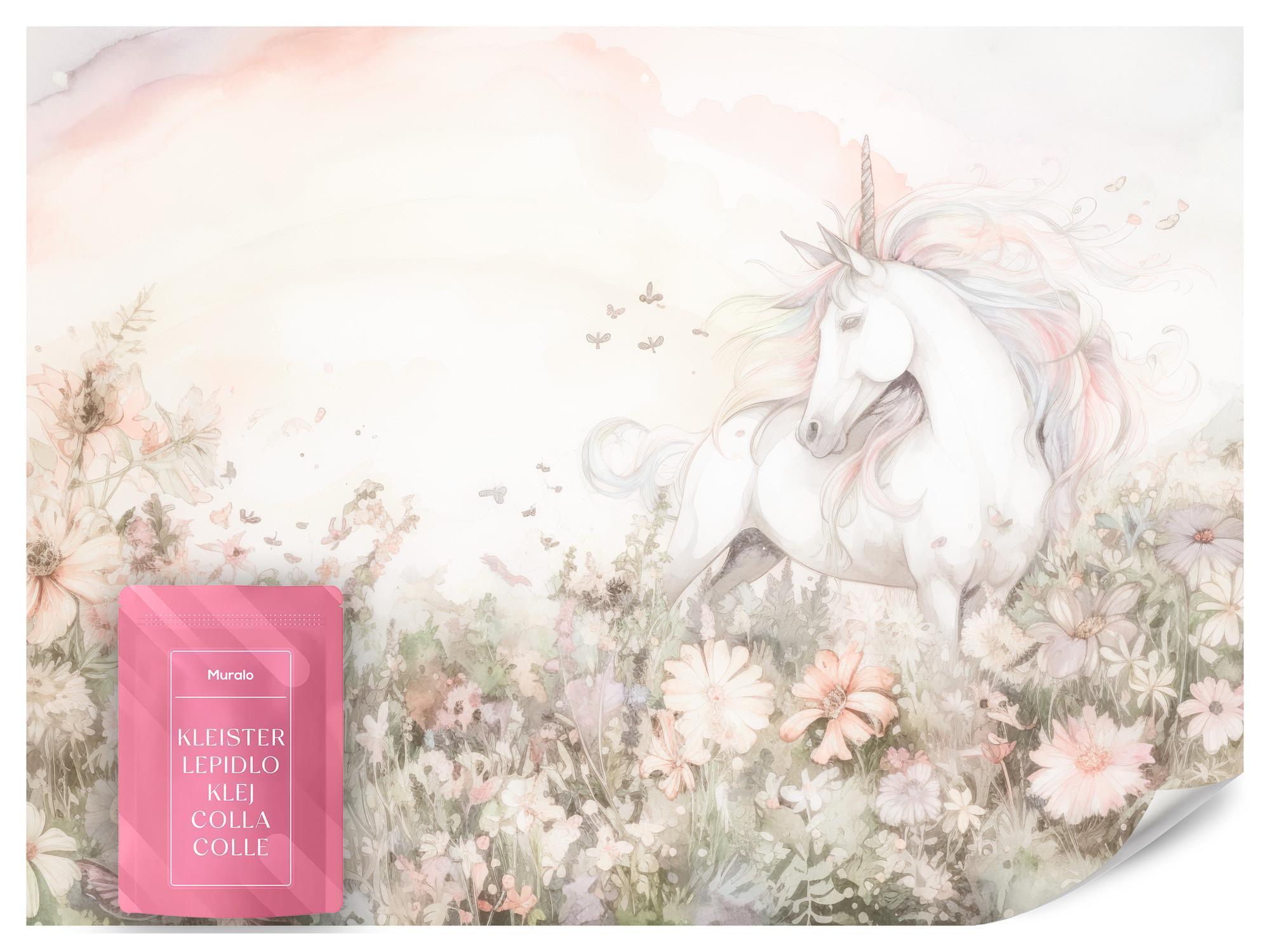 FOTOTAPETE für Kinder Einhorn Blumen Aquarell 500x350 - Gelb/Beige, Papier (500/350cm) - Muralo