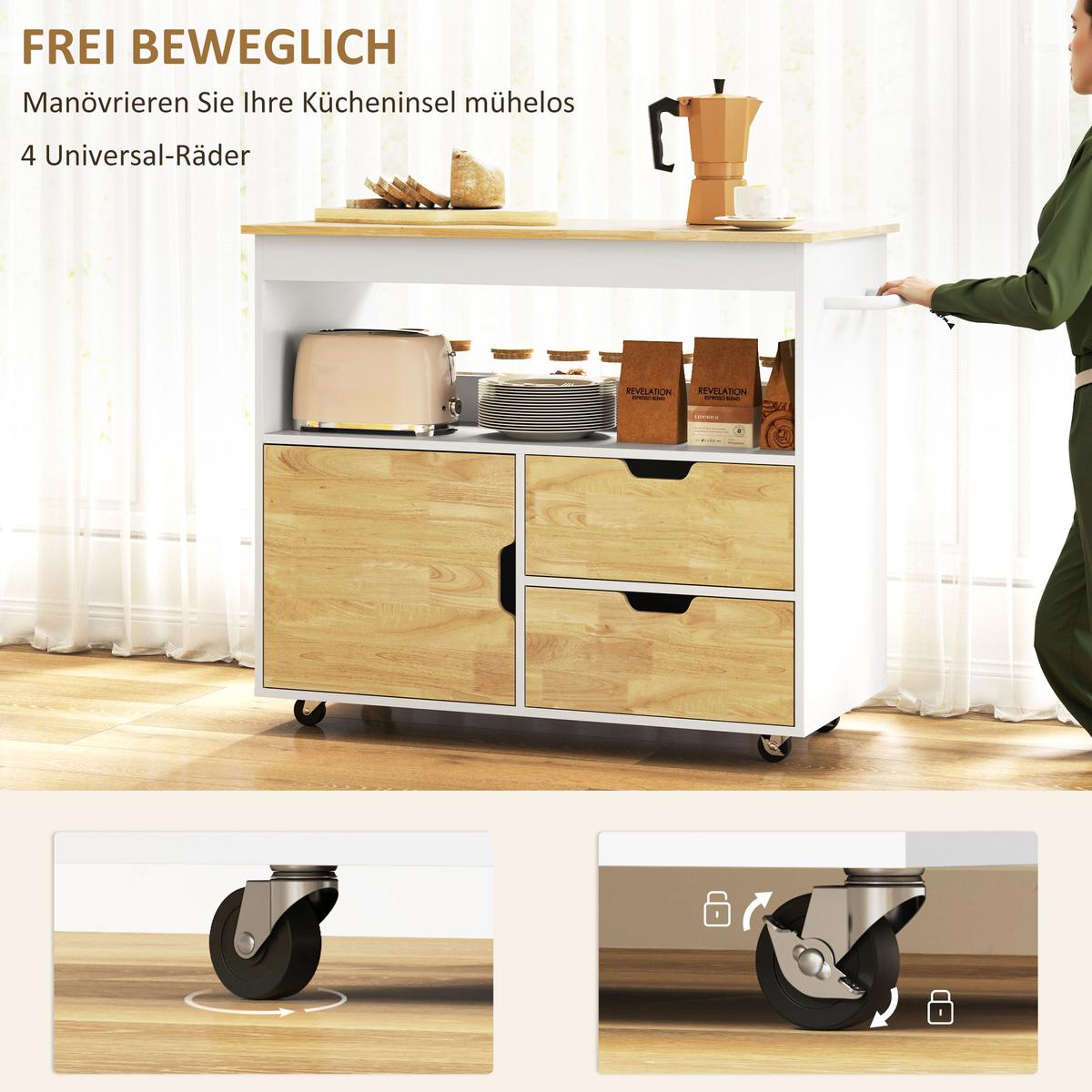 KÜCHENWAGEN Servierwagen mit Arbeitsplatte, Schubladen, Küchenschrank, Eiche - Eichefarben, Holz (50/85/107cm) - HOMCOM