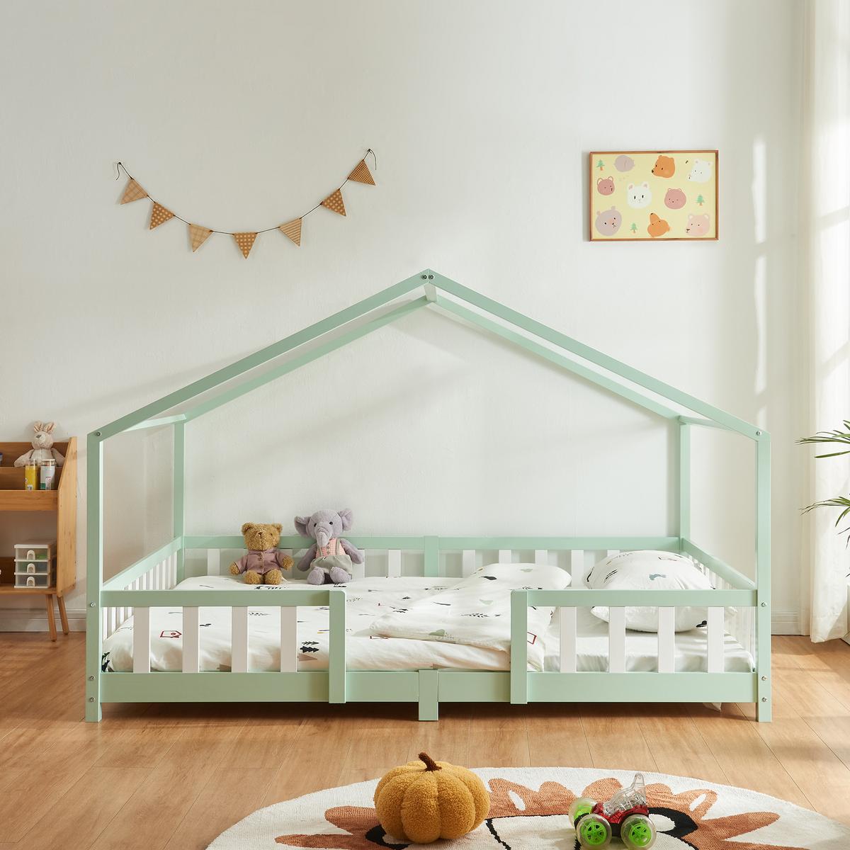 HAUSBETT Treviolo - Weiß/Mintgrün, Holz (120/200cm) - [en.casa]