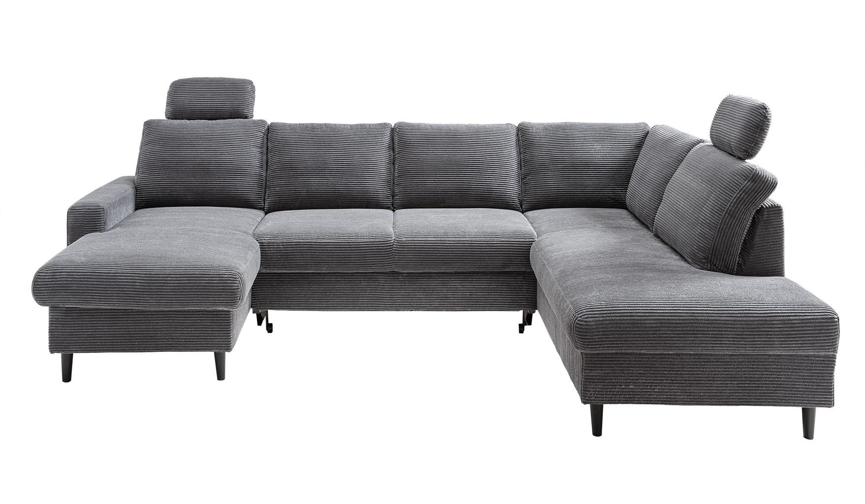 WOHNLANDSCHAFT mit Schlaffunktion Bettkasten Wellenunterfederung, 2 Kopfstützen, U-Form B305/T200/H88 cm, Cord Dunkelgrau / 17206 - Dunkelgrau/Anthrazit, Holz/Textil (305/88/200cm) - luma-home