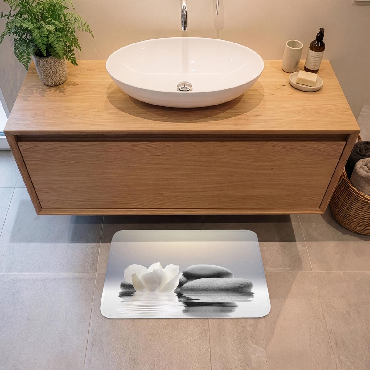 BADEMATTE Steine - Lotus - Weiß - Wasser - Zen 60x40 cm - Weiß, Textil (60/40cm) - OnlyWow