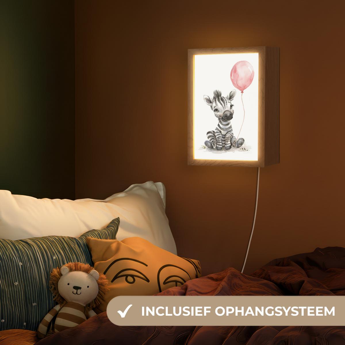 NACHTTISCHLAMPE Zebra - Baby - Tiere - Rosa Luftballon 20x30 cm - Weiß, Holzwerkstoff (8/20/30cm) - OnlyWow