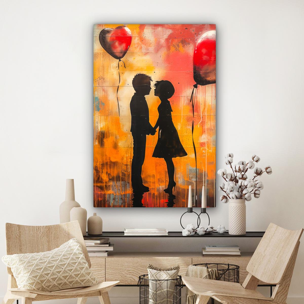 LEINWANDBILD Straßenkunst - Liebe - Graffiti - Kunst - Banksy Deko XXL 80x120 cm - Orange, Textil (80/120cm) - MuchoWow