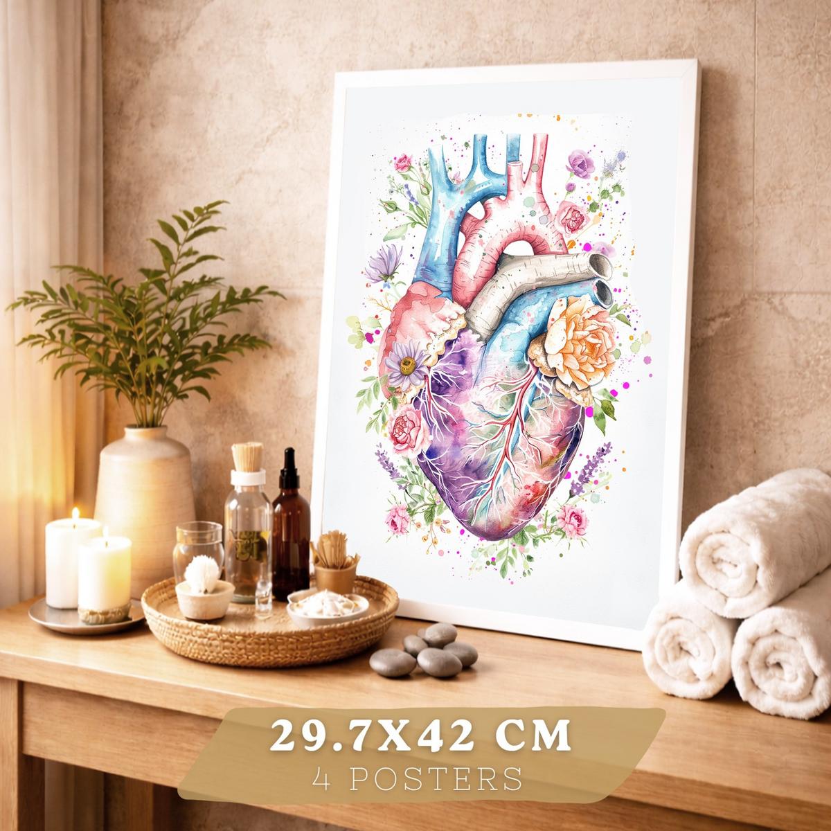 POSTER Set aus 4 Anatomie Mensch Drucke und mit Herz Gehirn Lungen Luftröhre Bronchien Wirbelsäule Florales Aquarell Design Größe Weißer Rahmen A3 - Weiß, Papier (29.7/42/3cm) - Nacnic