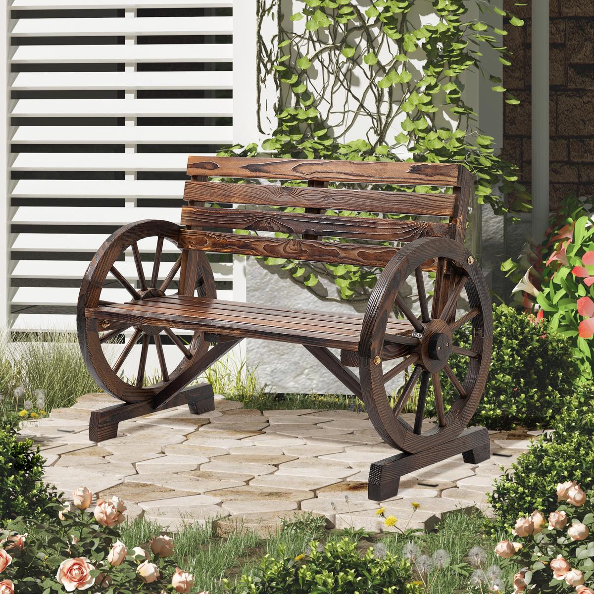 2ER-GARTENBANK Sitzbank Wagenrad-Design rustikale Holzbank für 2 Personen - Braun, Holz (56/79/105.5cm) - Outsunny