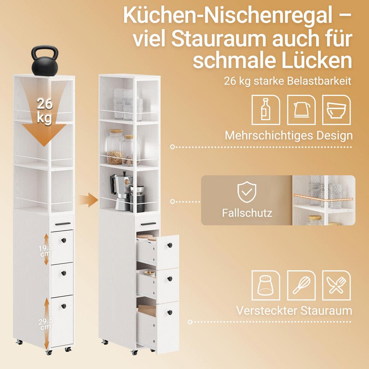 NISCHENSCHRANK mit 3 Schubladen und 3 offenen Regalen 40×20×170 cm - Weiß, Fell (20/170/40cm) - SoBuy