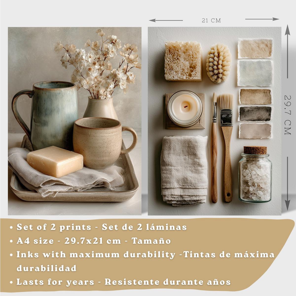 POSTER 2er-Set dekorative Badezimmer-Wandbilder und für Waschbecken, Dusche, WC mit Seifen, Tassen, Blumen künstlerischer Leichter Holzrahmen A4 - Beige, Papier (29.7/21/3cm) - Nacnic