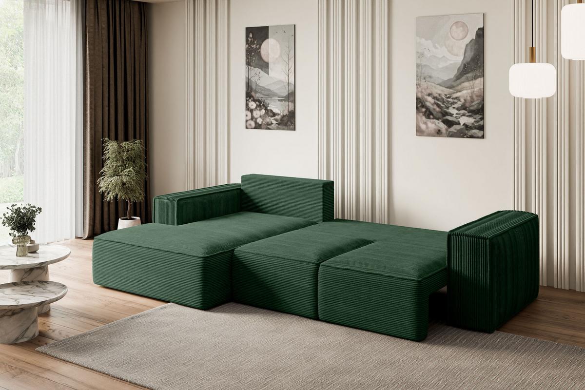ECKSOFA mit Schlaffunktion und Bettkasten SERRA-L-S - 266x161x87 cm Grün Cord - Schwarz/Grün, Holzwerkstoff/Kunststoff (266/161cm) - ALTDECOR