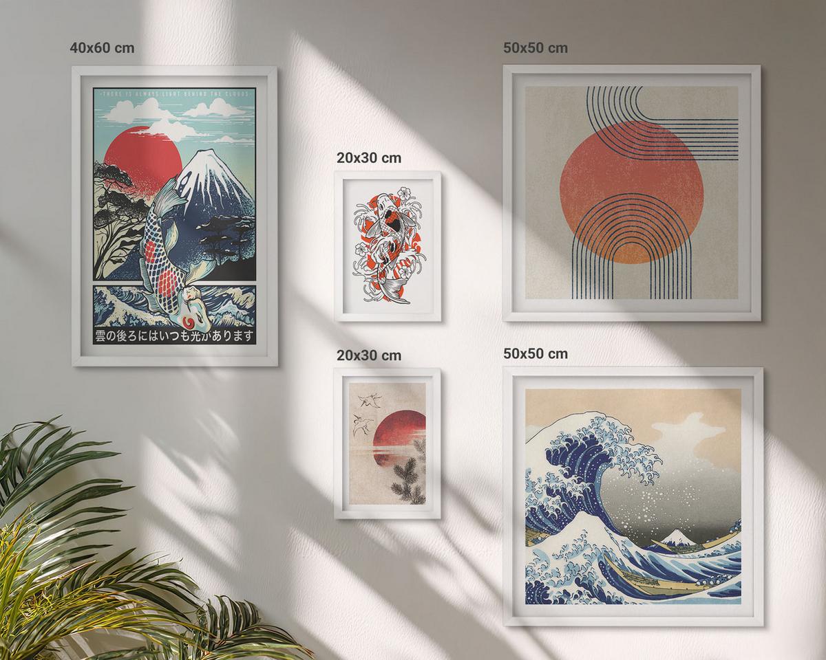 BILDER SET 5er Set - 50x50 cm & 20x30 cm & 40x60 cm Weißer Rahmen - Illustrationen von Fischbergen, die sich in Japan ausbreiten - Weiß, Kunststoff (40/60cm) - TULUP