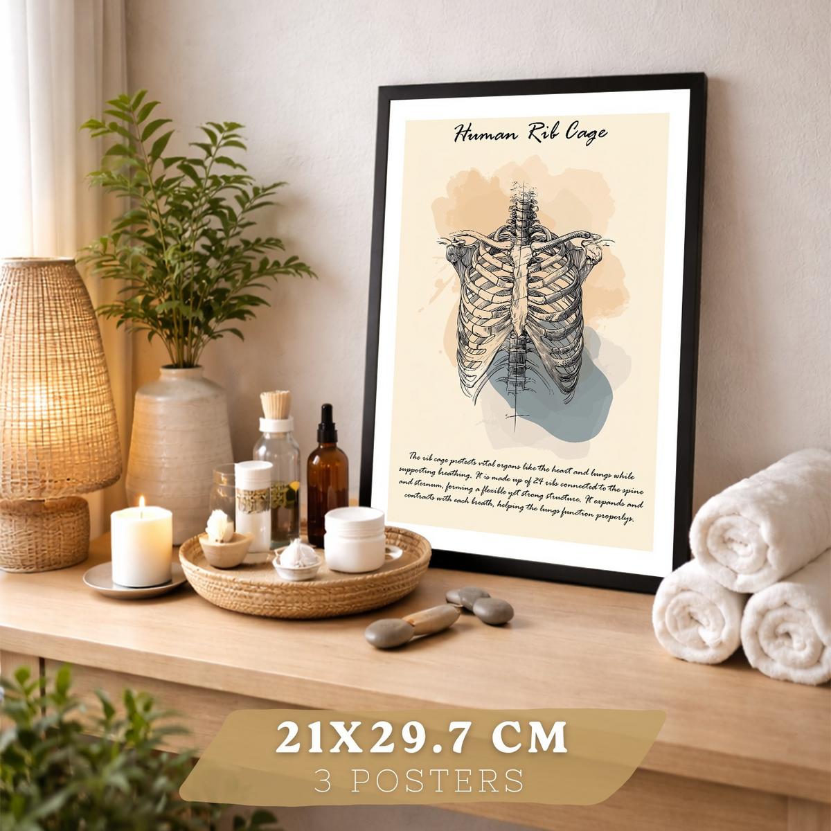 POSTER Set aus 3 Anatomie Mensch Lernposter Drucke und Wandbilder mit Muskeln Rücken Brustkorb Schädel Wanddekoration Größe Schwarzer Rahmen A4 - Schwarz, Papier (21/29.7/3cm) - Nacnic