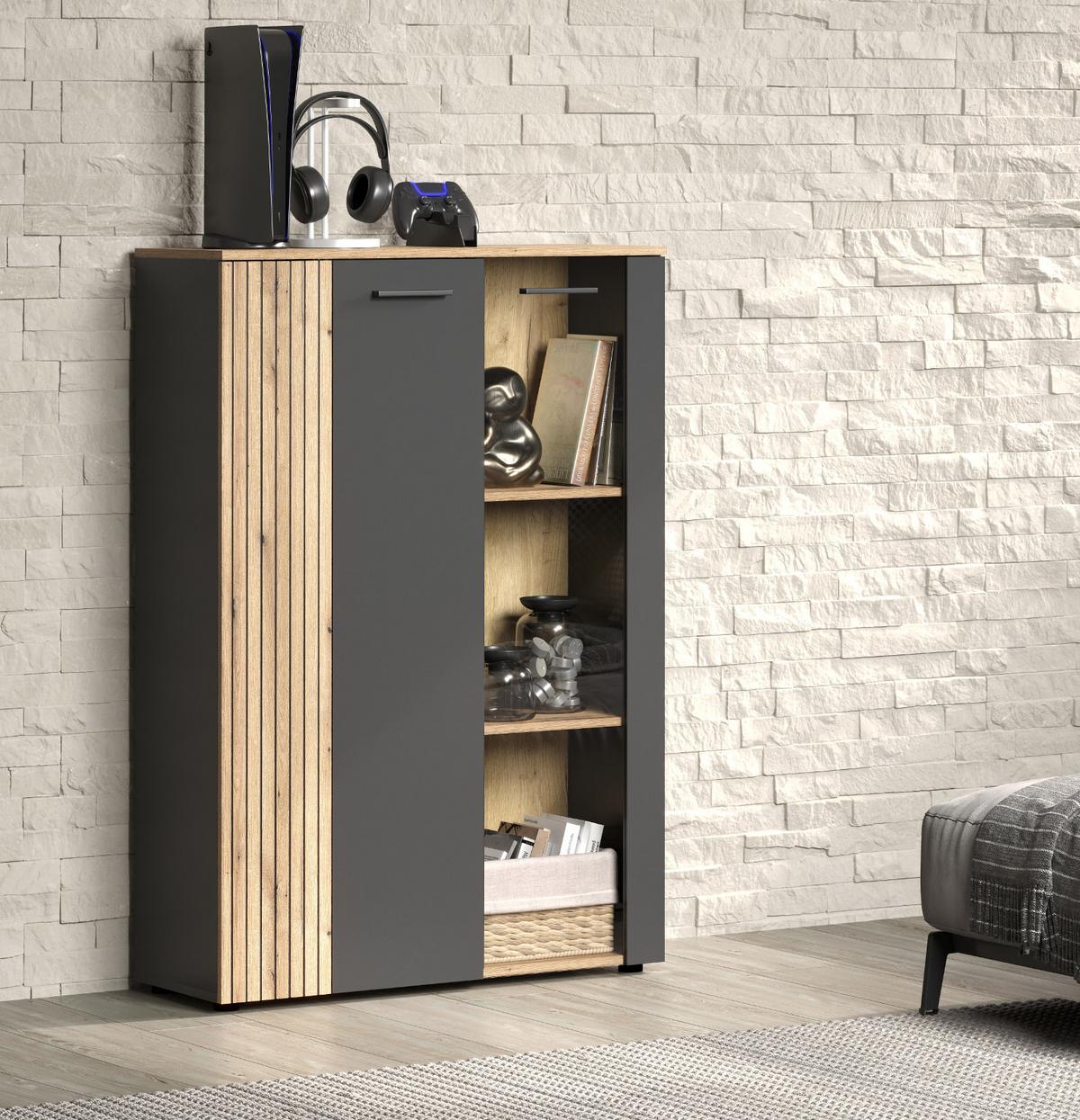 HIGHBOARD grau, Evoke Eiche 90 x 132 cm, Kommode in modernem Design - Eichefarben/Schwarz, Glas/Holzwerkstoff (90/132/34cm) - Top.Furn