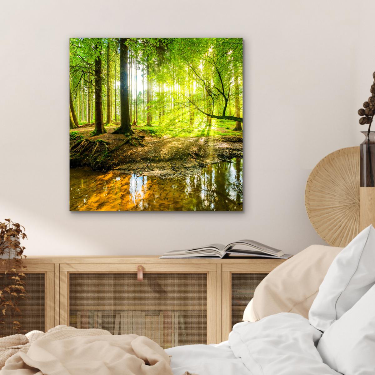 METALLBILD Wald - Landschaft - Wasser - Bäume - Sonne - Grün - Natur 50x50 cm - Grün, Metall (50/50cm) - MuchoWow