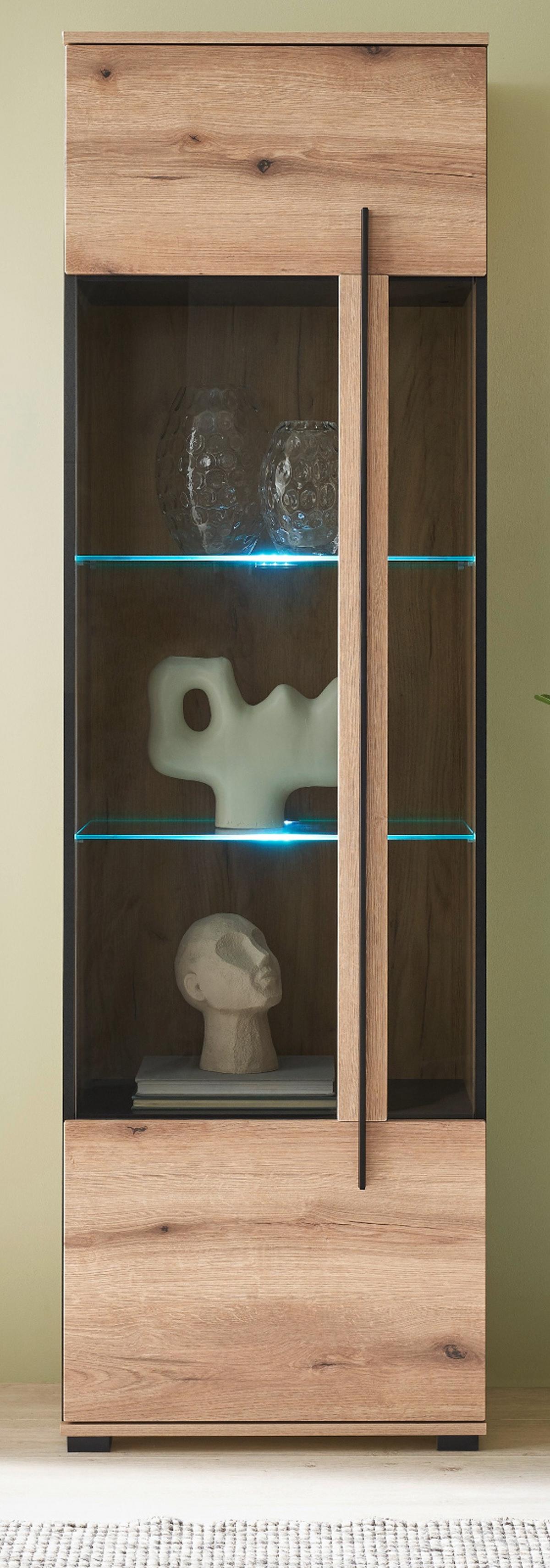 VITRINE Eiche Evoke, Vitrinenschrank 60 x 200 cm, Glas grau - Eichefarben/Schwarz, Glas/Holzwerkstoff (60/200/37cm) - Furn.Design