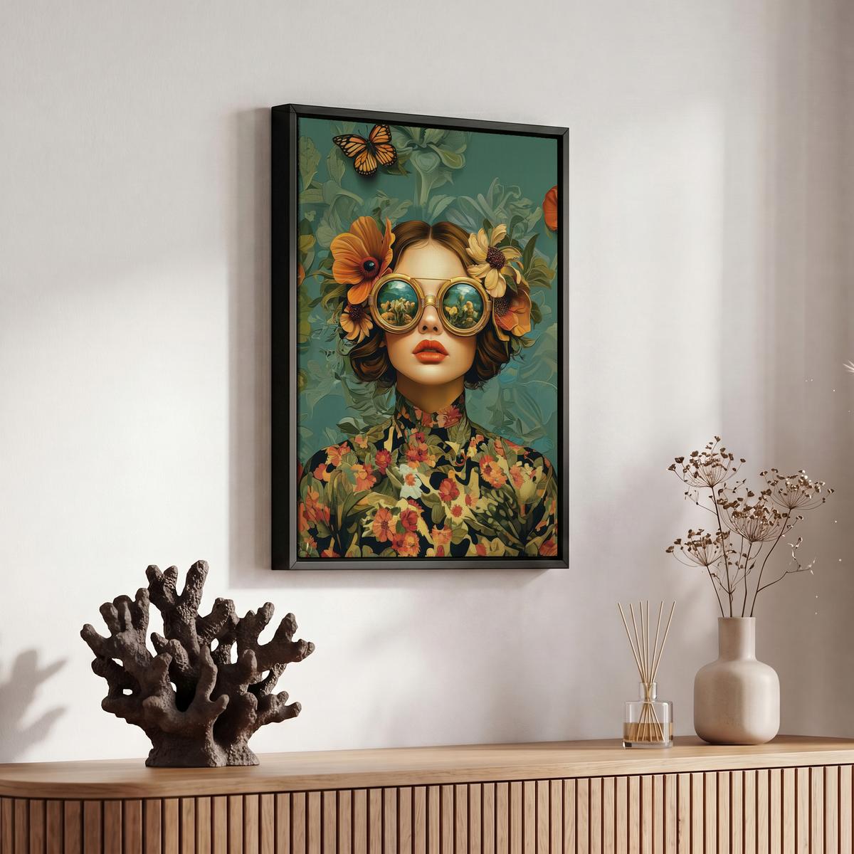 LEINWAND Bilder mit Rahmen - Frau - Blumen - Schmetterlinge - Natur - Vintage - 20x30 - Salbeigrün, Textil (20/30cm) - MuchoWow