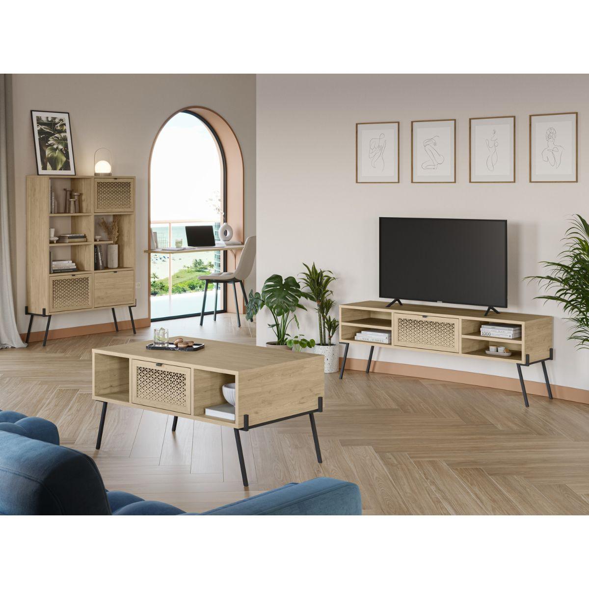 COUCHTISCH 1 Tür 3 Nischen und Metallfüße L100 cm - Evan - Eschefarben, Holzwerkstoff (65.8/60/50.5cm) - Calicosy