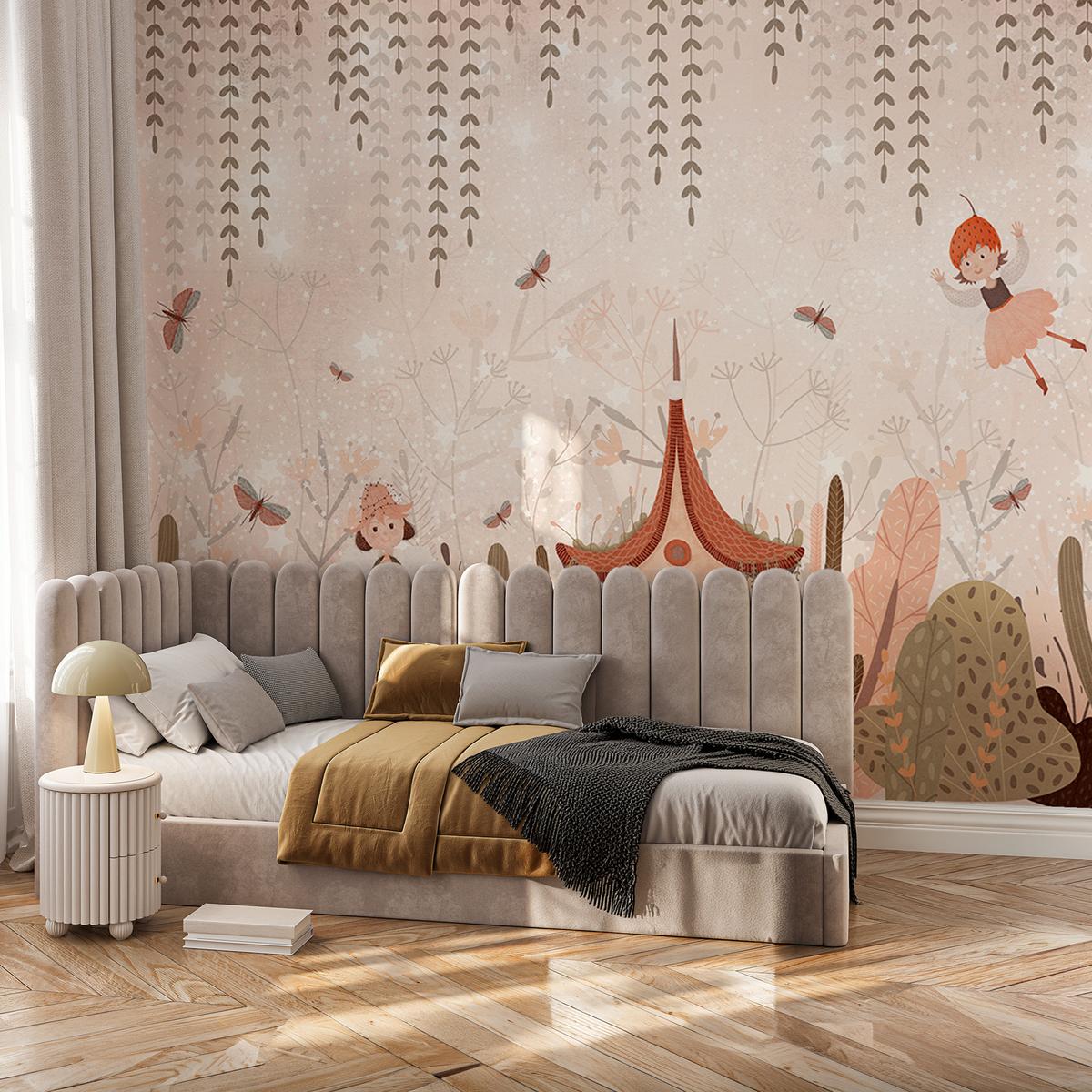 FOTOTAPETE für Kinderzimmer Feen Aquarell Wald Blumen Blätter Boho 250x175 - Beige/Orange, Papier (250/175cm) - Muralo