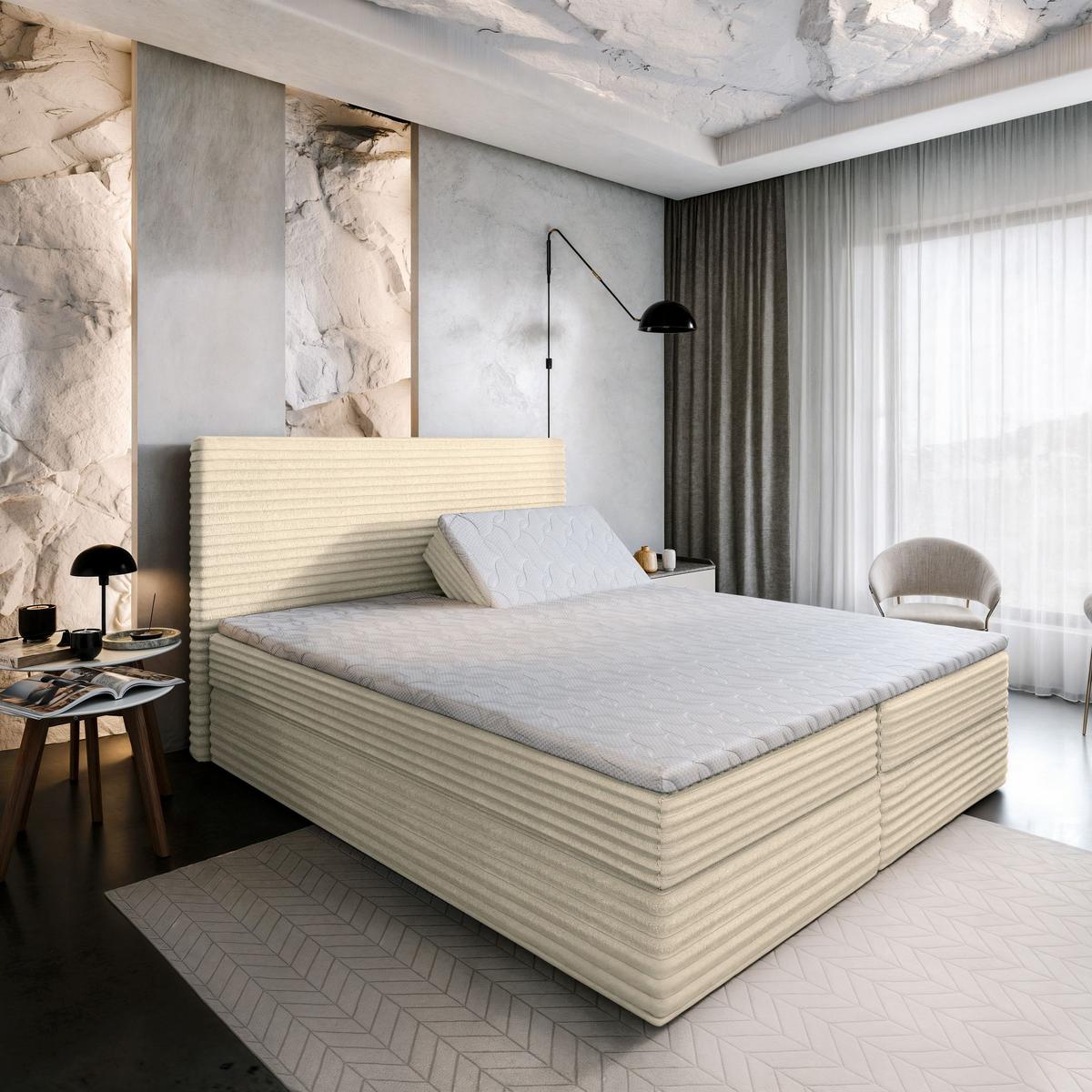 BOXBETT MILARA 160x200 cm mit Matratze und Topper - Creme - Creme, Holz (160/200cm) - MASSENO