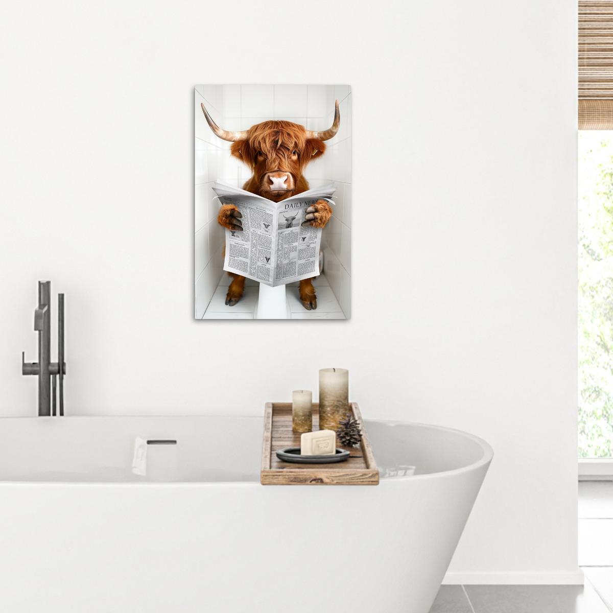 LEINWANDBILD Schottischer Highlander - Tier - Zeitung - Toilette Wanddeko 40x60 cm - Kastanienfarben, Textil (40/60cm) - MuchoWow