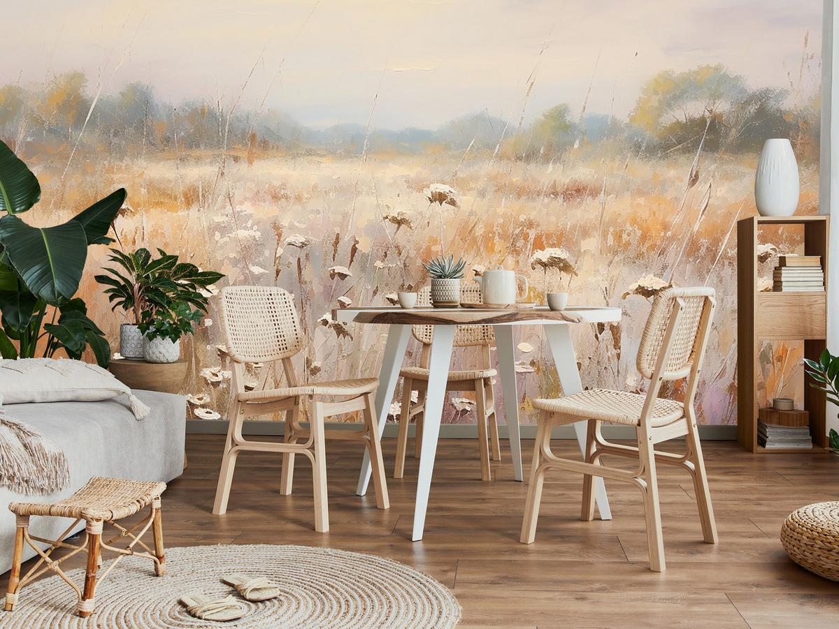 FOTOTAPETE für Esszimmer Wiese Pflanzen Retro Stil 300x210 - Gelb/Beige, Papier (300/210cm) - Muralo