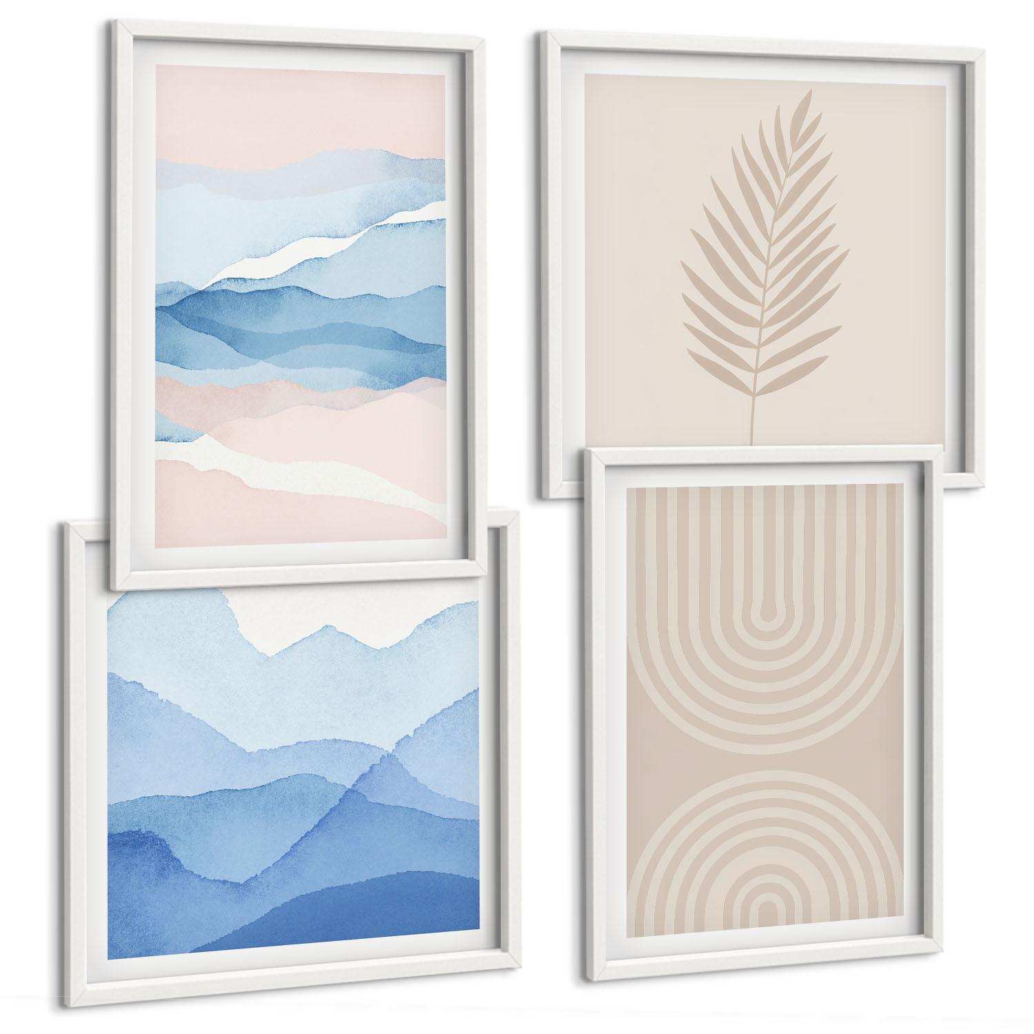 BILDER SET 4er Set - 50x50 cm & 40x60 cm Weißer Rahmen - Blätterwellen beige blau - Weiß, Kunststoff (50/50cm) - TULUP