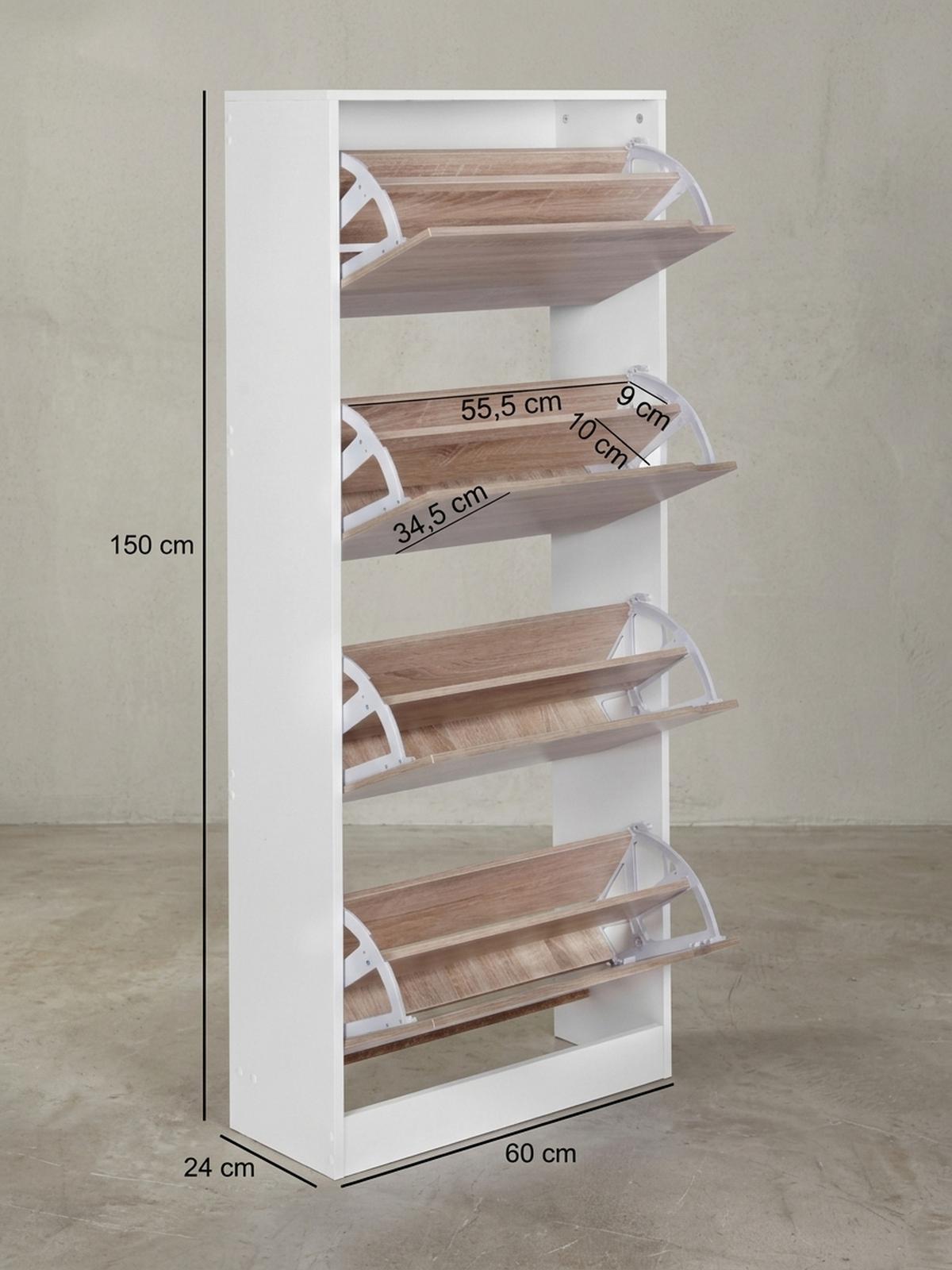 SCHUHSCHRANK – Weiß/Sonoma Eiche, 4 Fächer, für ca. 24 Paar Schuhe - Weiß, Holz (60/150/24cm) - KADIMA DESIGN