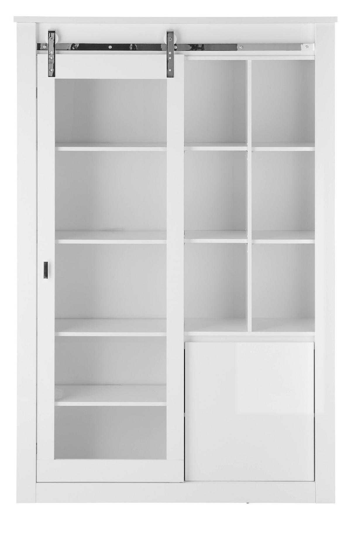 VITRINE weiß Hochglanz 133 x 201 cm, Vitrinenschrank inklusive LED-Beleuchtung, Soft-Close - Chromfarben/Weiß Hochglanz, Glas/Holzwerkstoff (133/153/38cm) - Furn.Design