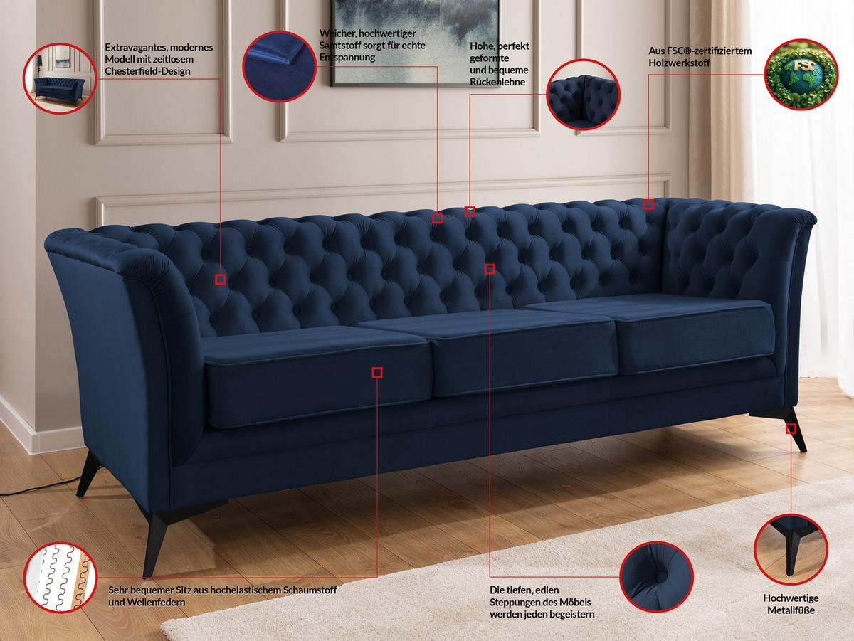 CHESTERFIELD-SOFA 3-sitzer Whitby Marineblau Samt mit schwarzen Füßen - Schwarz/Dunkelblau, Holz/Textil (237/78/82cm) - S-Style Möbel