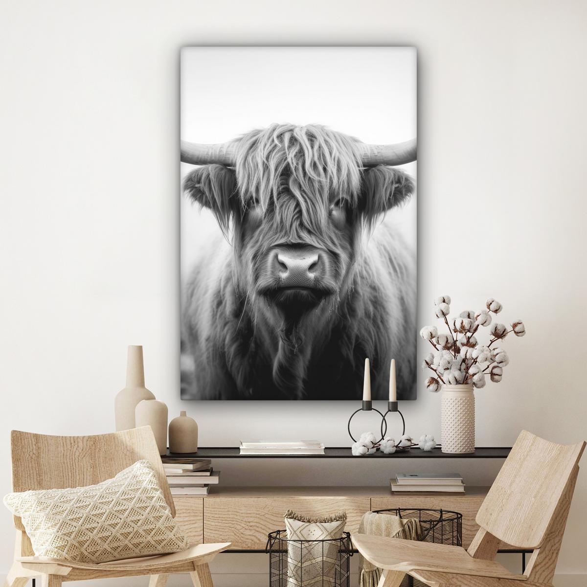 LEINWANDBILD Schottischer Highlander - Nebel - Schwarz - Weiß Deko XXL 80x120 cm - Grau, Textil (80/120cm) - MuchoWow