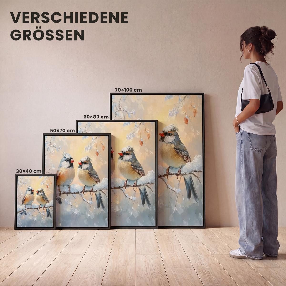 LEINWAND Bilder mit Rahmen - Vögel - Zweig - Winter - Schnee - 60x80 - Pastellblau, Textil (60/80cm) - MuchoWow