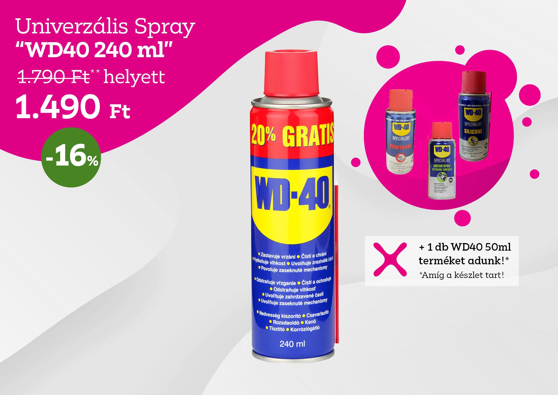 Univerzális spray WD40 240 ml 1790 forint helyett 1490 forint, kedvezmény mértéke 16% + 1 db WD40 50 ml-es terméket adunk amíg a készlet tart.
