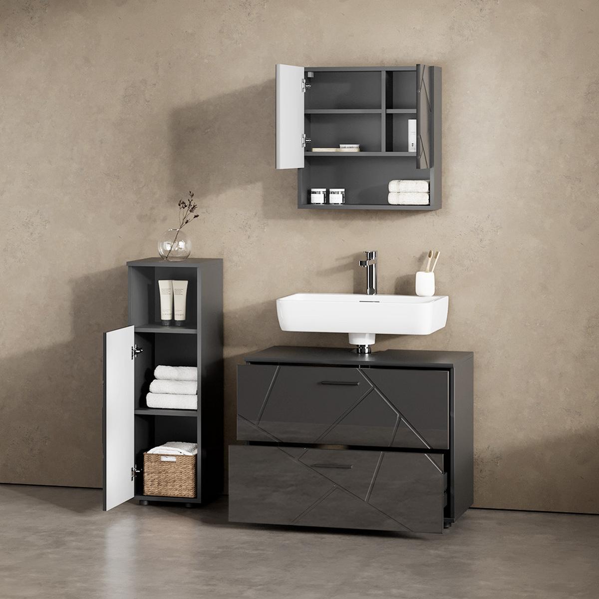 BADMÖBEL-SET Ronco Anthrazit Hochglanz 3 Teile, mit Midischrank - Schwarz Hochglanz, Holzwerkstoff (80/58/41cm) - Livinity®