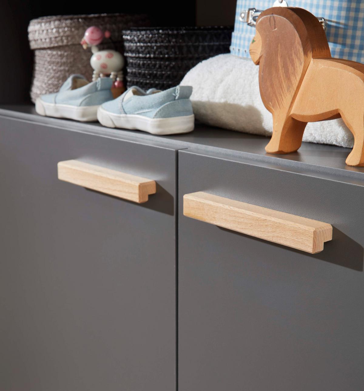 KLEIDERSCHRANK grau matt mit Buche massiv, 3-türig 130 x 190 cm für Baby- und Kinderzimmer - Eichefarben/Buchefarben, Holz/Holzwerkstoff (60/190/130cm) - Top.Furn
