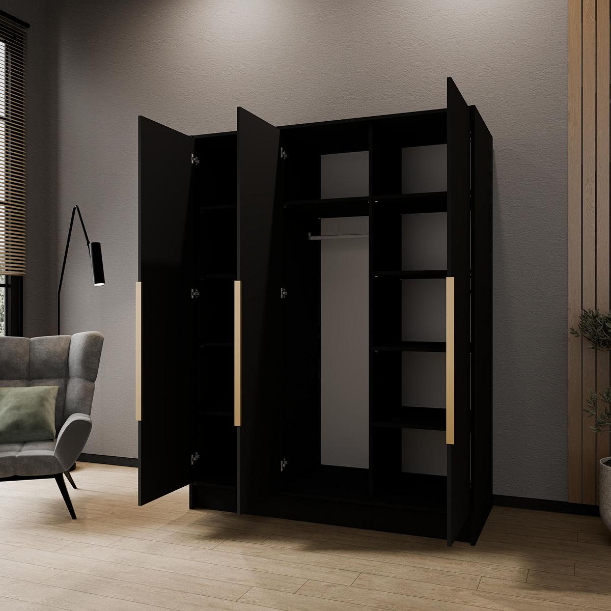 KLEIDERSCHRANK Mono Bis im Skandi-Stil, Drehtüren mit Goldene Metallgriffe, Schwarz 150/200/51 cm - Schwarz, Holzwerkstoff (150/200/51cm) - WFL GROUP