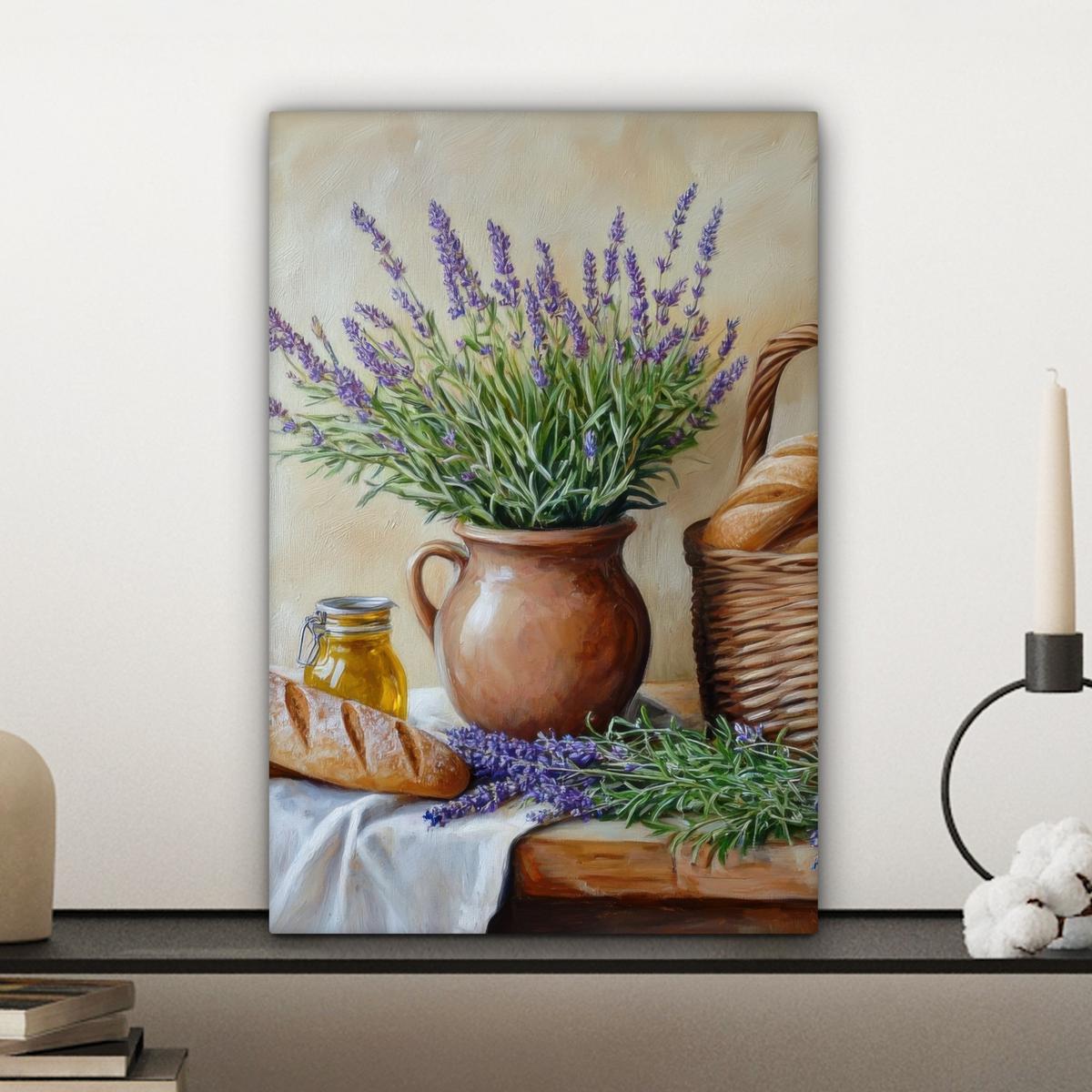 LEINWANDBILD Lavendel - Brot - Stilleben Deko Wohnzimmer 20x30 cm - Flieder, Textil (20/30cm) - MuchoWow
