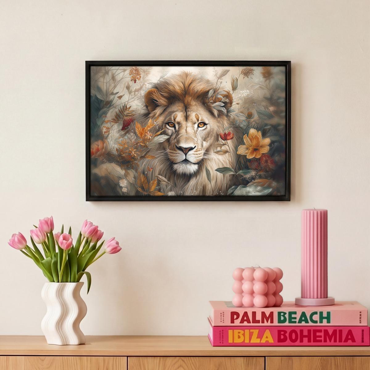LEINWAND Bilder mit Rahmen - Löwe - Wildtiere - Pflanzen - Natur - Blumen - 30x20 - Beige, Textil (30/20cm) - MuchoWow