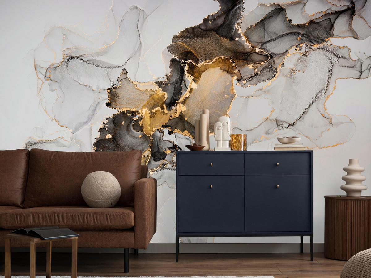 FOTOTAPETE für Badezimmer Moderner Grauer Marmor Gold Schwarz Imitation 500x350 - Beige/Grau, Papier (500/350cm) - Muralo