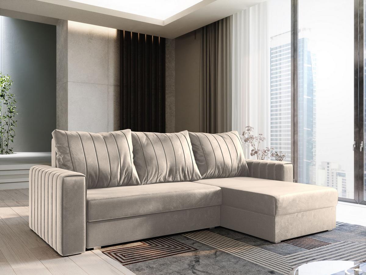ECKSOFA CARL Beige Plüsch-Stoff mit Schlaffunktion - Beige/Grau, Holz/Kunststoff (236/150cm) - MASSENO