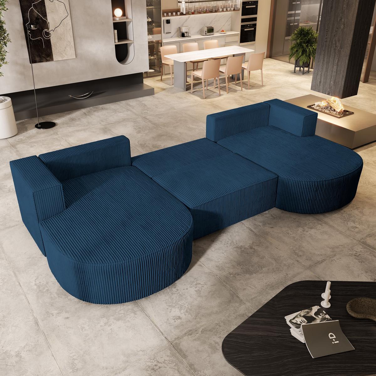 WOHNLANDSCHAFT VEZZO P Blau Kordstoff mit Schlaffunktion - Blau/Grau, Holz/Kunststoff (347/85/174cm) - MASSENO