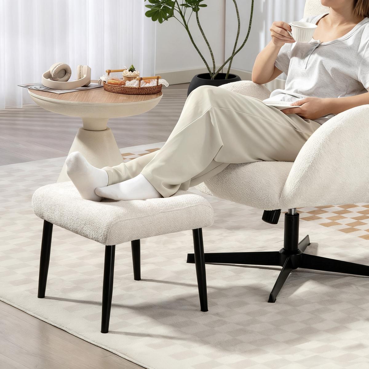 SITZHOCKER mit Stahlbeinen Fußhocker Chenille-Stoff - Creme/Schwarz, Textil/Metall (41/38/45cm) - HOMCOM