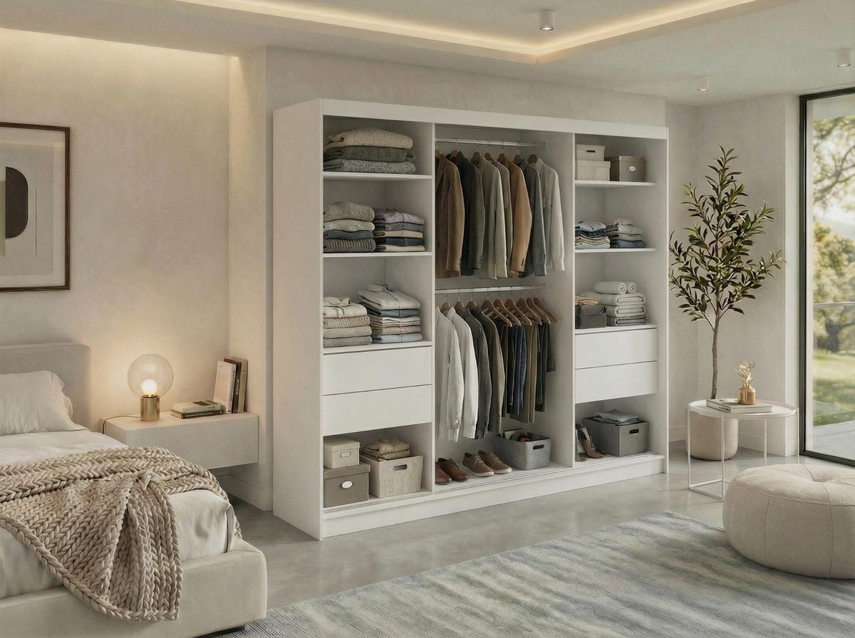 SCHWEBETÜRENSCHRANK mit Schubladen 240 - GRECJA - Weiß mit Spiegel - Alufarben/Weiß, Holzwerkstoff/Metall (240/216/61cm) - MKS