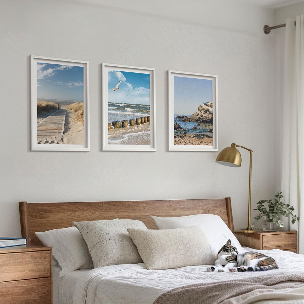 BILDER SET 3er Set - 40x60 cm Weißer Rahmen - Strand Holzsteg Klippen - Weiß, Kunststoff (40/60cm) - TULUP