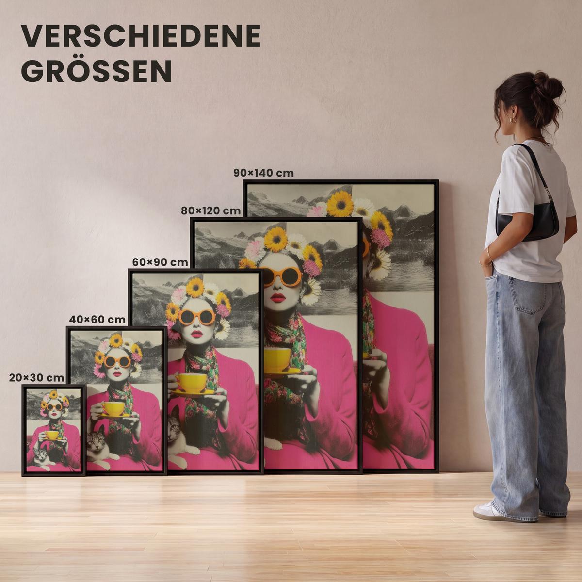 LEINWAND Bilder mit Rahmen - Frau - Katze - Blumen - Tasse - Retro - 90x140 - Magenta, Textil (90/140cm) - MuchoWow